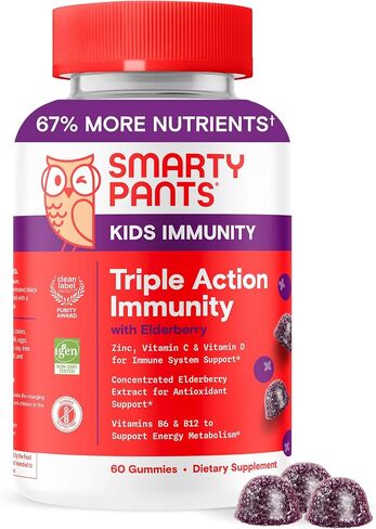 Smartypants Kids Immunity Elderberry Gummies: ملحق دعم مناعة الأطفال ، فيتامين C ، فيتامين D ، فيتامينات B6 و B12 والزنك ، خالية من الغلوتين ، نكهة Elderberry ، 60 يومًا (إمدادات 30 يومًا) in Kuwait