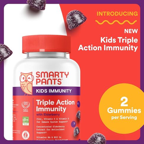 Smartypants Kids Immunity Elderberry Gummies: ملحق دعم مناعة الأطفال ، فيتامين C ، فيتامين D ، فيتامينات B6 و B12 والزنك ، خالية من الغلوتين ، نكهة Elderberry ، 60 يومًا (إمدادات 30 يومًا) in Kuwait