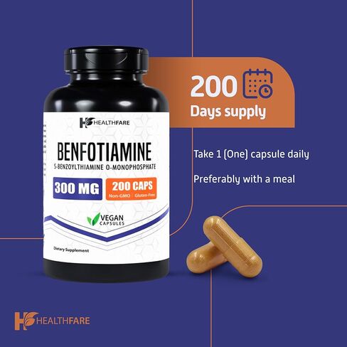Benfotiamine 300mg | 200 Veg Capsules | Enhanced Absorption | Supports Overall Health | Increased Bioavailability in Saudi Arabia