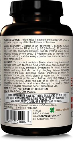 Jarrow Formulas B-Right, Optimized B Complex Featuring Vitamin B1, B2, B5, B6, B12 and B9 to Support Cellular Energy, Immune Health and Stress Management, 100 Veggie Capsules, Up to a 100 Day Supply in Saudi Arabia