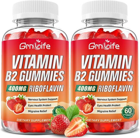 Vitamin B2 Gummies, Riboflavin 400mg with Magnesium for Kids & Adults, B2 Gummies for Migraine Relief & Energy Support, Strawberry Flavor, 60 Count in Kuwait