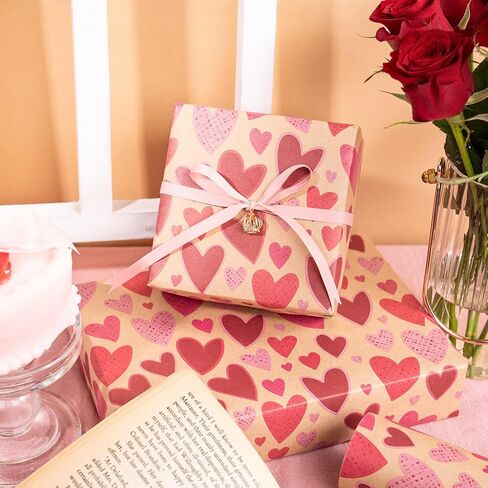 Ruspepa Valentine's Day Kraft Wrapp Wrappe Roll ، Mini Roll ، Foil Red Diamond Heart وأنا أحبك ، ورقة لف الهدية النصية لعيد الحب ، والذكرى السنوية ، والزفاف ، وأكثر من 17 بوصة × 32.8 قدمًا in Kuwait