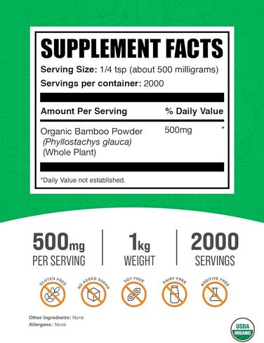 BulkSupplements.com Organic Bamboo Powder - Silica Supplements, Bamboo Supplement - Gluten Free, 500mg per Serving, 250g (8.8 oz) (Pack of 1) in Kuwait