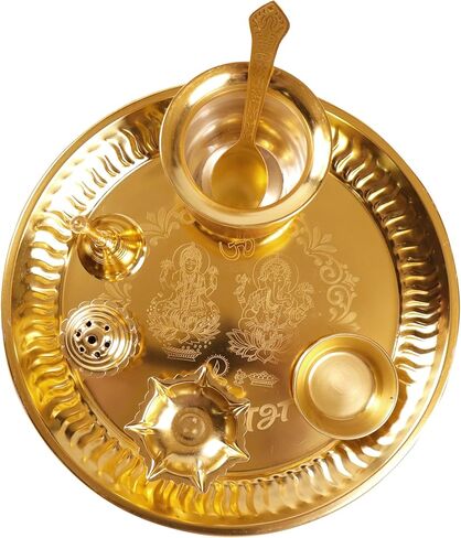 The Fine Living Co. Exquisite Gold Plated Pooja Thali - Decorative Serving Plate, Set of 1, for Hindu Rituals, Ceremonies, Puja, Diwali, Home Decor, Festive Celebrations in Saudi Arabia