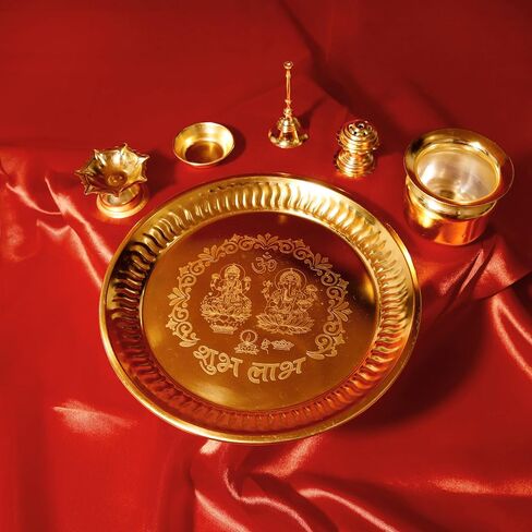 The Fine Living Co. Exquisite Gold Plated Pooja Thali - Decorative Serving Plate, Set of 1, for Hindu Rituals, Ceremonies, Puja, Diwali, Home Decor, Festive Celebrations in Saudi Arabia