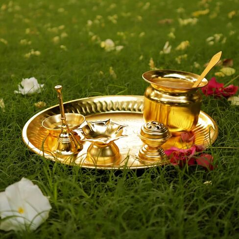 The Fine Living Co. Exquisite Gold Plated Pooja Thali - Decorative Serving Plate, Set of 1, for Hindu Rituals, Ceremonies, Puja, Diwali, Home Decor, Festive Celebrations in Saudi Arabia