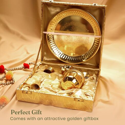 The Fine Living Co. Exquisite Gold Plated Pooja Thali - Decorative Serving Plate, Set of 1, for Hindu Rituals, Ceremonies, Puja, Diwali, Home Decor, Festive Celebrations in Saudi Arabia