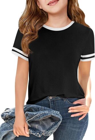 Haloumoning Girls Short Sleeve T Shirts Kids Summer Crewneck Color Block Tops Fashion Tees 5-14 Years in Kuwait