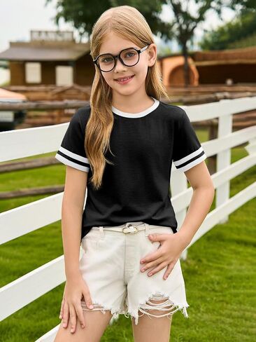 Haloumoning Girls Short Sleeve T Shirts Kids Summer Crewneck Color Block Tops Fashion Tees 5-14 Years in Kuwait