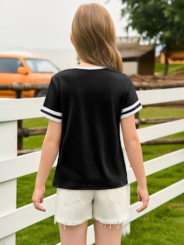 Haloumoning Girls Short Sleeve T Shirts Kids Summer Crewneck Color Block Tops Fashion Tees 5-14 Years in Kuwait
