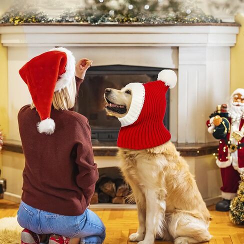 NACOCO Christmas Dog Hat Crocheted Snood Funny Pet Cap with Pompon Red Green Warm Winter Dog Hat Knit Snood Headwear for Pets & Women & Men (Red, S) in Kuwait