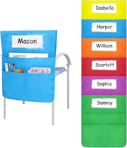 Chairback Pockets Chart, 6 Bright Color Seat Storage Organizer for Kids School Supplies with 2 Large Pockets Keeps Students Organized and Classrooms Neat, 19 x 16.8 Inch (12 Pieces) in Kuwait