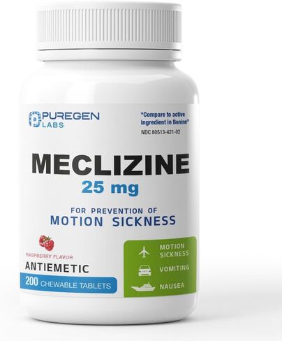 Puregen Labs Meclizine 25 mg Antiemetic 200 chewable Tablets | Motion Sickness Relief - Prevent Nausea, Vomiting, and Dizziness | Dairy Free | Made in USA | Value Pack – 200 chewable Tablets in Saudi Arabia