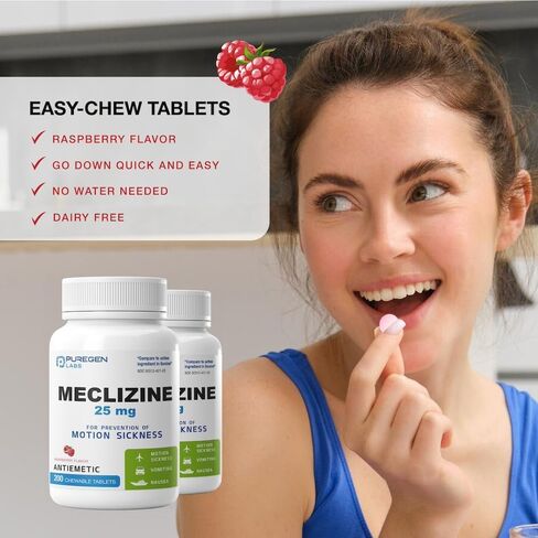 Puregen Labs Meclizine 25 mg Antiemetic 200 chewable Tablets | Motion Sickness Relief - Prevent Nausea, Vomiting, and Dizziness | Dairy Free | Made in USA | Value Pack – 200 chewable Tablets in Saudi Arabia