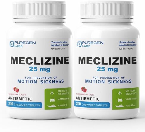 Puregen Labs Meclizine 25 mg Antiemetic 200 chewable Tablets | Motion Sickness Relief - Prevent Nausea, Vomiting, and Dizziness | Dairy Free | Made in USA | Value Pack – 200 chewable Tablets in Saudi Arabia
