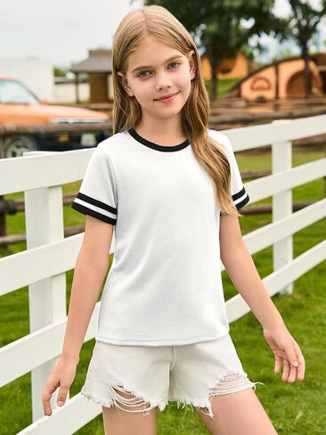 Haloumoning Girls Short Sleeve T Shirts Kids Summer Crewneck Color Block Tops Fashion Tees 5-14 Years in Kuwait