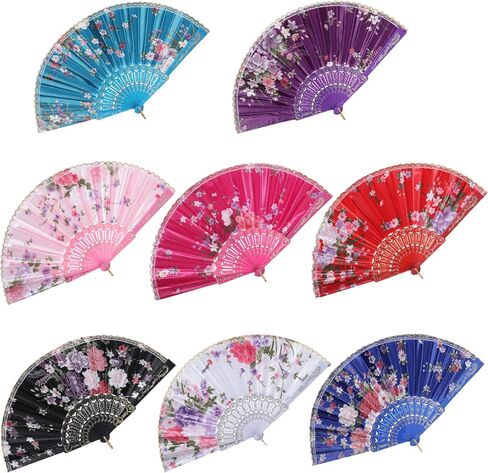 BABEYOND 8pcs Floral Folding Hand Fan Vintage Handheld Lace Folding Fan with Different Flower Patterns Fabric Folding Fan for Wedding Dancing Party (Color Random Selected with Chinese rose) in Saudi Arabia
