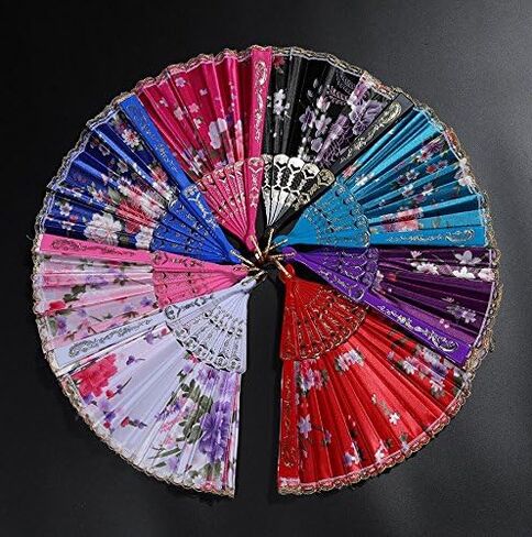 BABEYOND 8pcs Floral Folding Hand Fan Vintage Handheld Lace Folding Fan with Different Flower Patterns Fabric Folding Fan for Wedding Dancing Party (Color Random Selected with Chinese rose) in Saudi Arabia