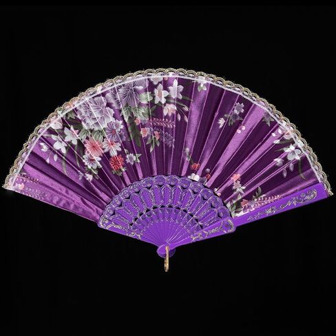 BABEYOND 8pcs Floral Folding Hand Fan Vintage Handheld Lace Folding Fan with Different Flower Patterns Fabric Folding Fan for Wedding Dancing Party (Color Random Selected with Chinese rose) in Saudi Arabia