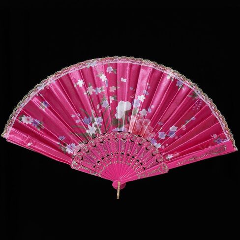 BABEYOND 8pcs Floral Folding Hand Fan Vintage Handheld Lace Folding Fan with Different Flower Patterns Fabric Folding Fan for Wedding Dancing Party (Color Random Selected with Chinese rose) in Saudi Arabia