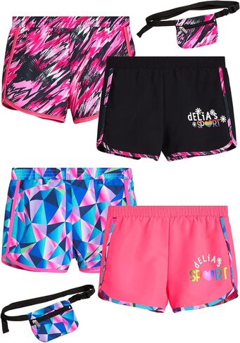 Girls Athletic Shorts - 4 Pack Active Performance Running Soccer Gym Shorts for Kids with Fanny Pack (Sizes: 7-16) in Kuwait
