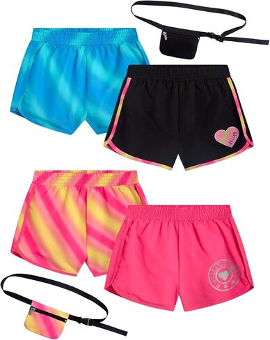 Girls Athletic Shorts - 4 Pack Active Performance Running Soccer Gym Shorts for Kids with Fanny Pack (Sizes: 7-16) in Kuwait
