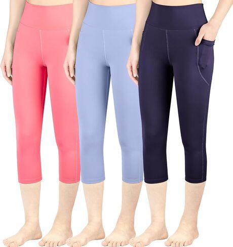 BIG ELEPHANT 3 Packs Girls Capri Leggings with Pockets, High Waisted Yoga Pants Athletic Running Dance Workout for Kids in Kuwait