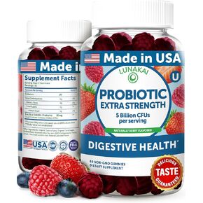 Lunakai USA Made Probiotic Gummies - 5 Billion CFUs, Vegan, Non-GMO, Gluten-Free - Digestive & Immune Support for Women & Men - 60 Chewable Gummies