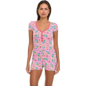 Womens Romper - قطعة واحدة قصيرة الأكمام Smurf Onesie Pajama في جميع أنحاء طباعة ملابس النوم للنساء (الأحجام: S -XL)