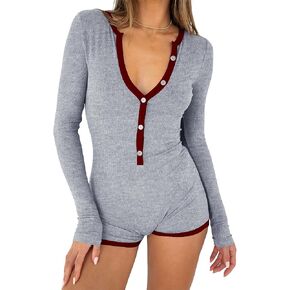 INFITTY Rompers for Women Long Sleeve Jumpsuit V Neck Onesie Pajamas Sexy Ribbed Button Down Sleepwear