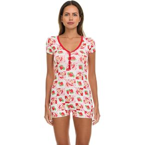 Womens Romper - 1 Piece Short Sleeve Strawberry Shortcake Pajamas Onesie Sleepwear for Women (Sizes: S-XL)