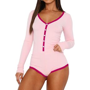 INFITTY Women's Sexy V Neck Shorts Long Sleeve Knitted One Piece Sexy Pajama Onesie Bodycon Rompers