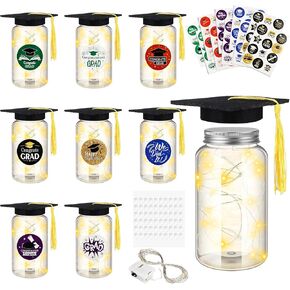 9 Pcs Graduation Jar Decorations with LED Lights, Light up Celebration Table Decorations Graduation Class of 2025 with Gratitude Jars Graduation Hats Graduation Stickers LED String Light