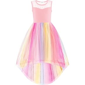 Arshiner Girls Dresses Formal Party Wedding Tulle Sleeveless Contrast Mesh High Low Dress with Belt