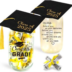 Class of 2025 Glowing Mason Jar with Graduation Cap Topper Kit to fill Cash Money Personalized Name Graduation Jar Gifts for Her Him Grad Card Bonus included