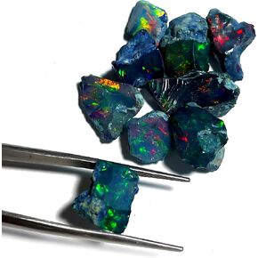 Top AAAA+ Grade Certified Black Opal Rough Gemstone 5 Pcs – Natural Ethiopian Welo Fire Opal Stone, Handpicked Multi-Color Flash Raw Opals for Jewelry Making, Tumbling and Healing