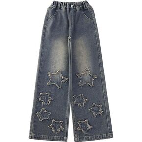 Boy's Cute Star Baggy Denim Pants Elastic Waist Pull On Jeans Straight Wide Leg Jeans for Teen Boys 8-14 Years
