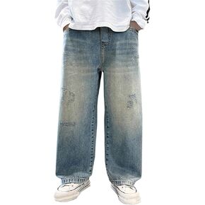 SANGTREE Boys' Baggy Jeans Elastic Waist Distressed Ripped Denim Pants with Holes, 4-14 Years