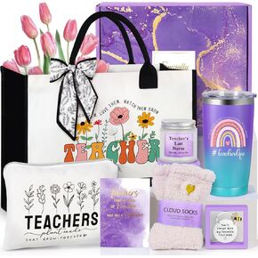 Teacher Appreciation Gifts, Best Teacher Tote Bags for Women, Unique Gifts Ideas from Students - Funny Thank You Basket Box Back to School Gifts, Teacher Christmas Gifts Birthday Gifts Purple