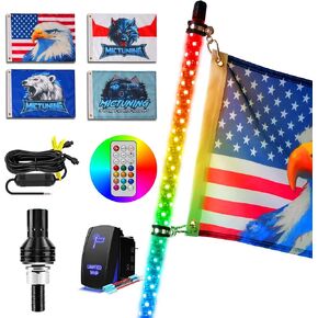 mictuning 2pc 3ft 3ft spiral lid lights مع 8 أعلام ، RF عن بعد والتحكم في التطبيق ، مطاردة RGB مضاءة بمفتاح موسيقى الروك ، مجموعة مصابيح سوط متزامنة للموسيقى لـ UTV ATV Polaris RZR can-am