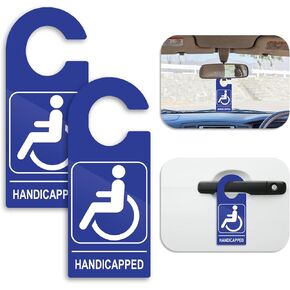 2 Pack Handicap Parking Sign Hanger Handicap Parking Permit Symbol 3.5 X 8.5 Inch Blue Wheelchair Reserved Parking Sign Tag PVC Car Handicap Door Hanger With Large Hook For Door Car Mirror Disability