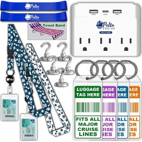 Cruise Ship Essentials 2025 Must Haves - Cruise Luggage Tags Holder, Cruise Approved Non-Surge Power Strip, Magnet Hooks, Lanyard, Towel Bands. Cruise Accessories For All Cruise Lines