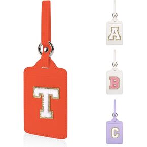 Personalized Initial Luggage Tags for Suitcases, Leather Chenille Letter Cute Luggage Tags with Privacy Name Card, Embroidered Travel Bag Backpack Tags Gifts for Women Kids Girls Teens(Pink-M)