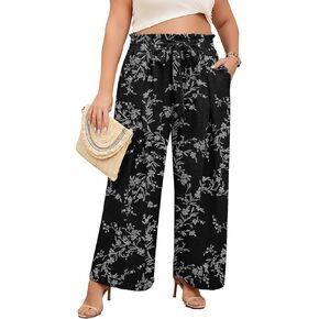 Lastshe Women's Plus Size Pants Wide Leg Work Casual Palazzo Pants Elastic High Waisted Dressy Trousers with Pockets