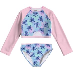 Disney Lilo & Stitch Girls 2-Piece Swimsuit Set, Long-Sleeved Rash Guard and Bikini Bottoms, Quick-Drying Swimwear for Kids