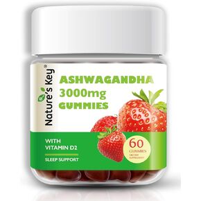 Nature's Key Ashwagandha Gummies, 3000mg High Potency Ashwagandha Root Extract with Vitamin D2, Stress, Calm Mood & Cognition, for Men & Women, Strawberry Flavor (60 Count (Pack of 1)