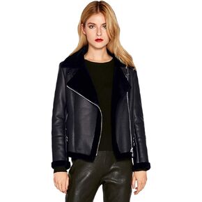 Women Genuine Lambskin Leather Jacket Lamb Shearling Zip Up Short Motorcycle Jacket