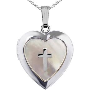 Picturesongold.com Sterling Silver Mother of Pearl Cross Heart صورة Locket