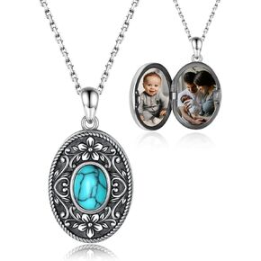 Locket Necklace for Women - Sterling Silver Oval Turquoise Flower Lockets Pendant that Holds Pictures Vintage Jewelry Memorial Gifts for Women (Flower)
