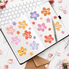Mirror Affirmations Stickers Vinyl Inspirational Mirror Decals Colorful Positive Quotes Mirror Sticker for Women Girl Vanity Flowers Decals Decor for Glass Window Wall Bedroom Bathroom Decoration Gift